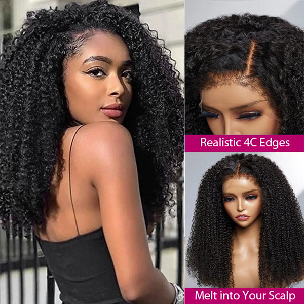 Realistic 4C Hairline 13x4 HD Lace Frontal Wig Afro Curly Human Hair Wigs High 250 Density Wig
