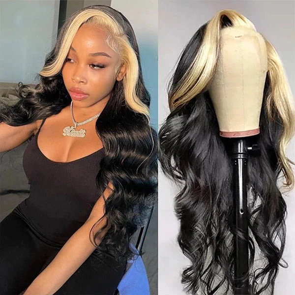 Luosiwld Glueless Wigs Blonde Skunk Stripe 5x5 HD Lace Closure Wigs Body Wave Pre Cut Lace