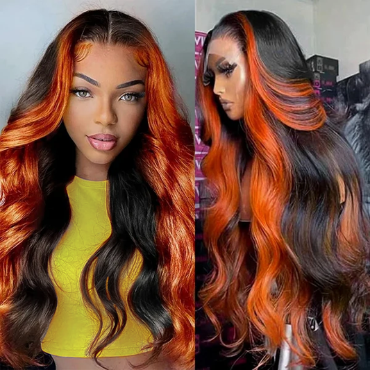 Luosiwld Ginger Black Colored Wigs 13x4 HD Glueless Human Hair Wig Highlighted Body Wave Wig Pre Plucked