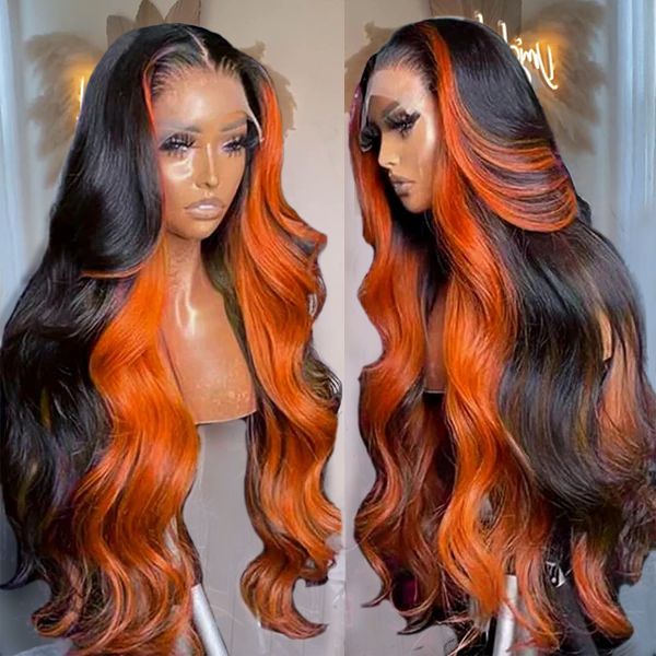 Luosiwld Ginger Black Colored Wigs 13x4 HD Glueless Human Hair Wig Highlighted Body Wave Wig Pre Plucked