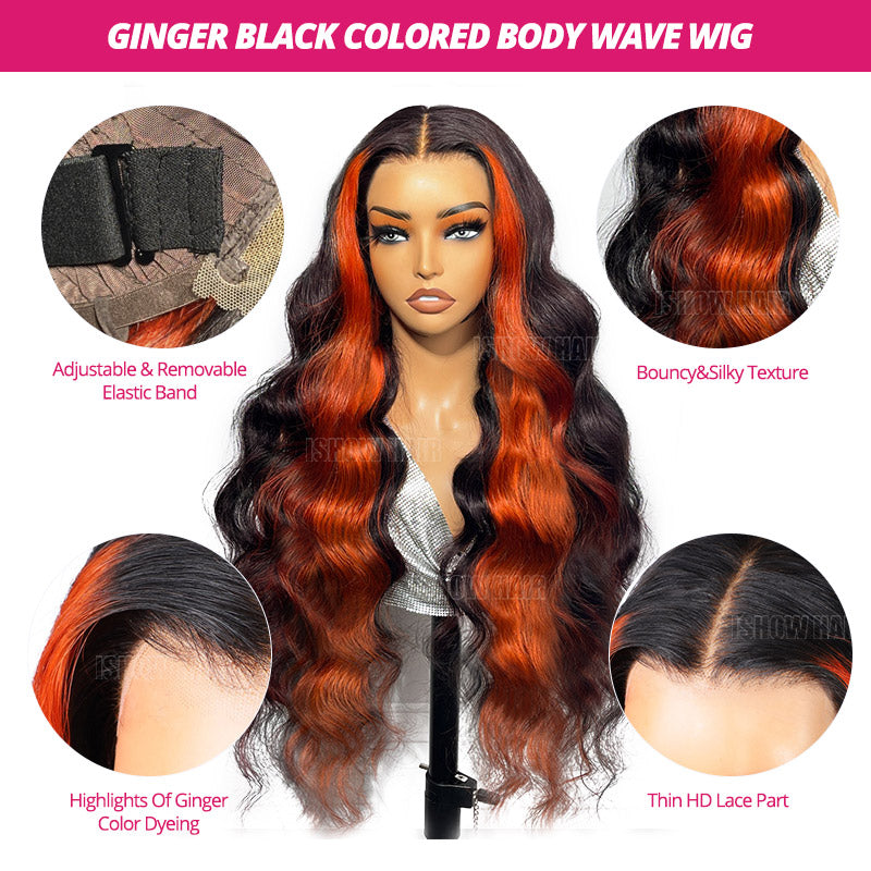 Luosiwld Ginger Black Colored Wigs 13x4 HD Glueless Human Hair Wig Highlighted Body Wave Wig Pre Plucked