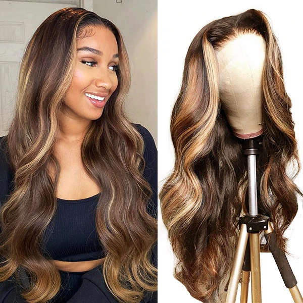Luosiwld Honey Blonde Human Hair Wigs P4/27 Highlight Wigs Straight and Body Wave Glueless Wig