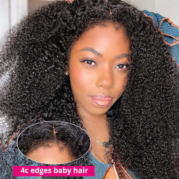 Realistic 4C Hairline 13x4 HD Lace Frontal Wig Afro Curly Human Hair Wigs High 250 Density Wig
