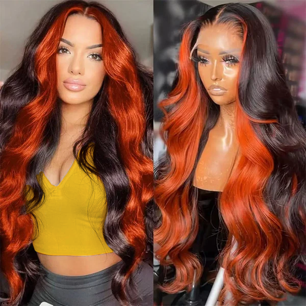 Luosiwld Ginger Black Colored Wigs 13x4 HD Glueless Human Hair Wig Highlighted Body Wave Wig Pre Plucked