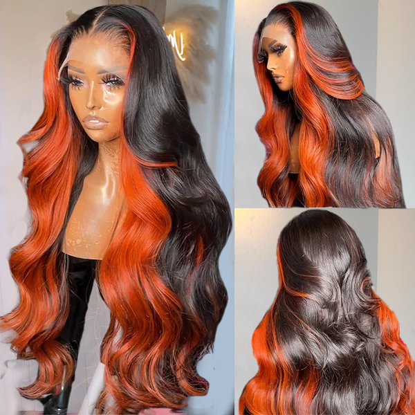Luosiwld Ginger Black Colored Wigs 13x4 HD Glueless Human Hair Wig Highlighted Body Wave Wig Pre Plucked