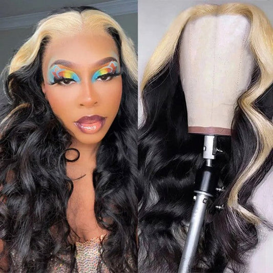 Luosiwld Glueless Wigs Blonde Skunk Stripe 5x5 HD Lace Closure Wigs Body Wave Pre Cut Lace